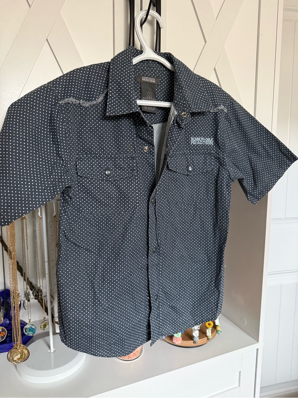 Kenneth Cole Reaction Black Short-Sleeve Button-Down with White Micro Dots